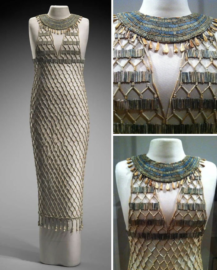 Ancient Egyptian beaded dress with intricate geometric patterns and decorative collar, showcasing historical craftsmanship.