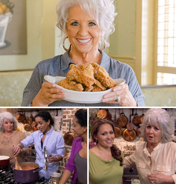 Paula Deen holds a platter of fried chicken, a TV show star linked to scandalous controversies.