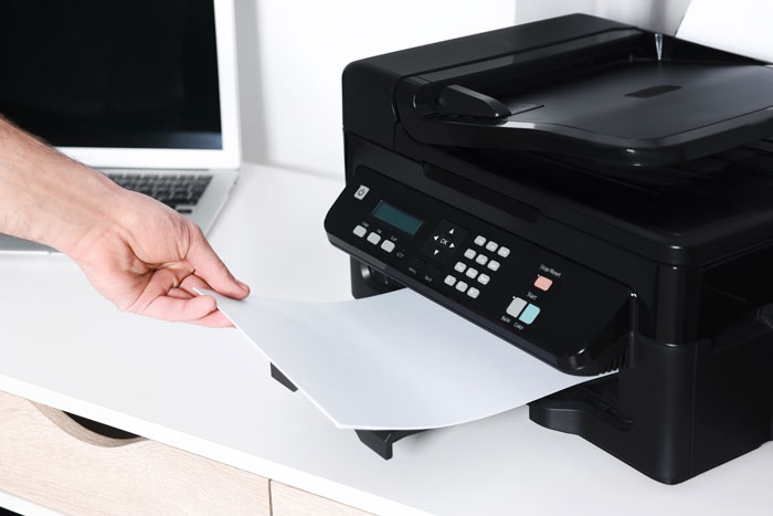 Close-up of a hand inserting paper into a printer. Perfect for petty revenge against toxic bosses.
