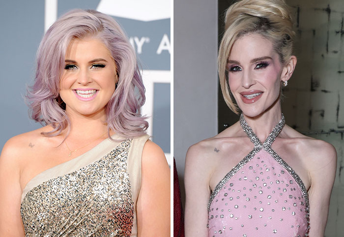 Kelly Osbourne with lavender hair and a sparkly dress, juxtaposed with a Thinner Than Ever woman in a pink sequin top.