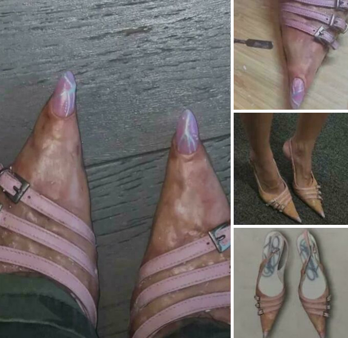 A collage showing pointed heels, some with toes extended, and a sketch. A clear example of DiWHY attempts.