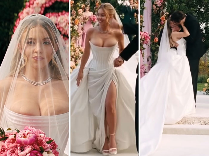 A bride in a white wedding dress with a thigh-high slit, veil, and necklace, from Euphoria's chaotic wedding scene.