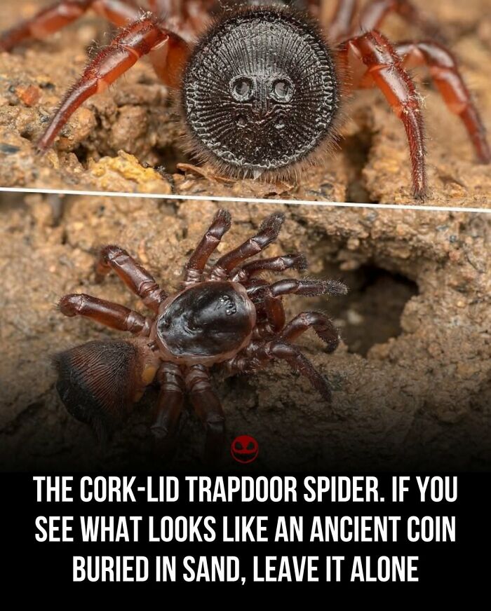 Close-up of a cork-lid trapdoor spider on dirt illustrating weird and odd facts for brain stimulation.