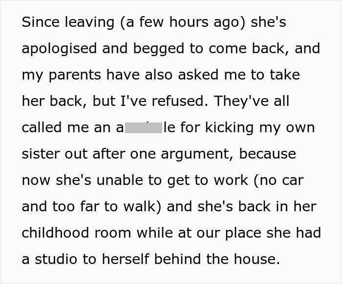 Text excerpt discussing a woman refusing to take her sister back after an argument, affecting work and living situation.