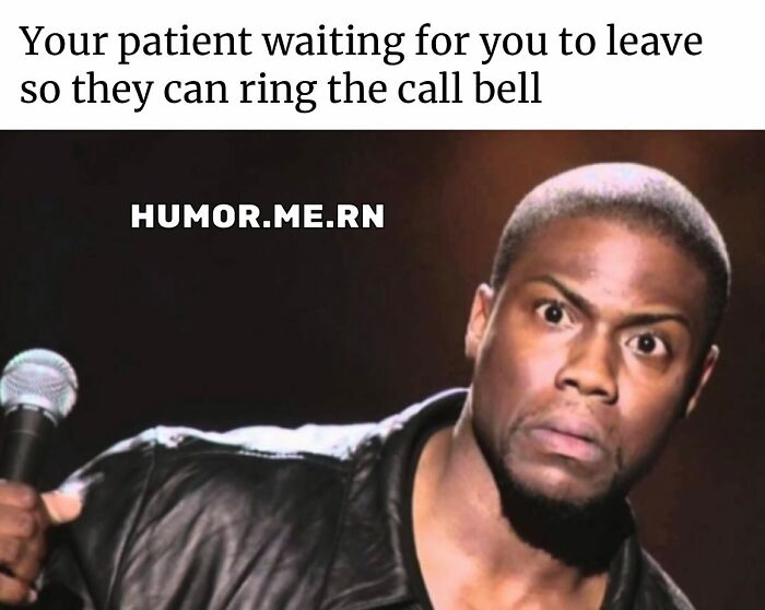 Patient waiting to ring the call bell with a humorous expression in funny healthcare memes to brighten your day.