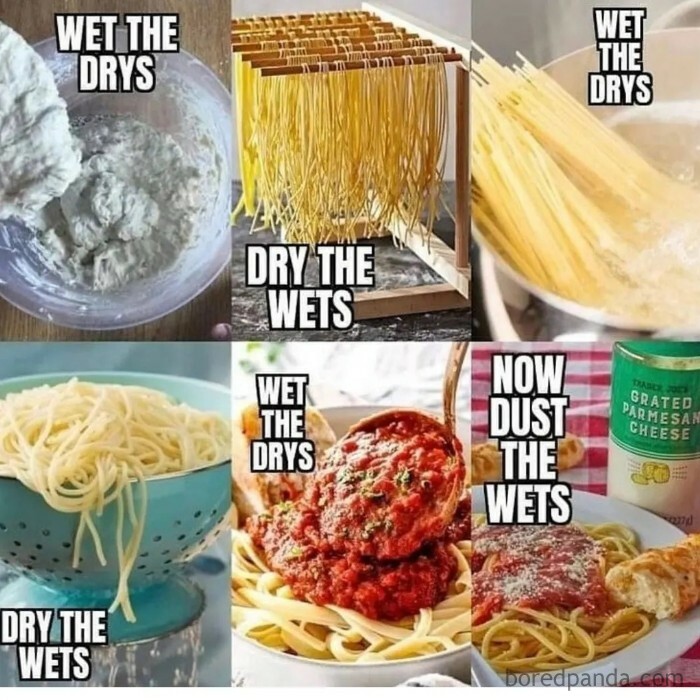 Meme showing pasta cooking steps with captions emphasizing wetting dry pasta and drying wet pasta humorously.