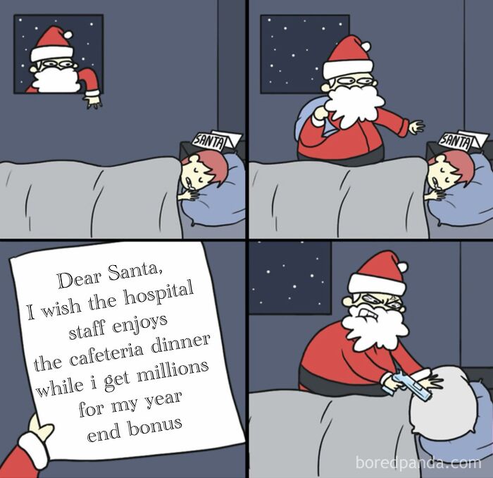 Santa Claus reading a funny healthcare meme letter wishing hospital staff cafeteria dinner and a year-end bonus.
