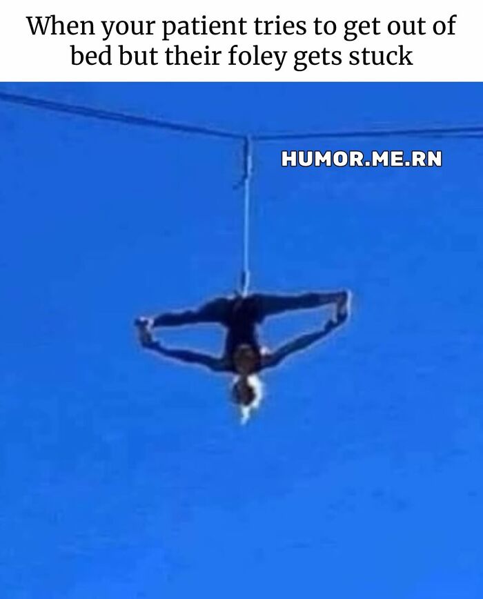 Person hanging upside down from a rope in a split pose, illustrating funny healthcare memes about tricky patient situations.