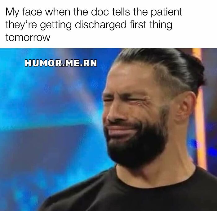 Man making a funny face reacting to a patient discharge announcement in a healthcare memes context.