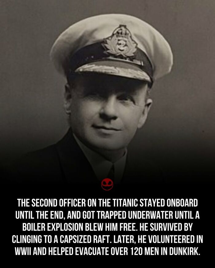 Black and white photo of a naval officer with story about Titanic and WWII survival odd facts for brain teaser.