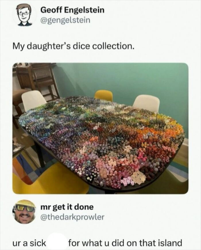 A large collection of colorful dice spread across a dining table, showcasing wild meme humor.
