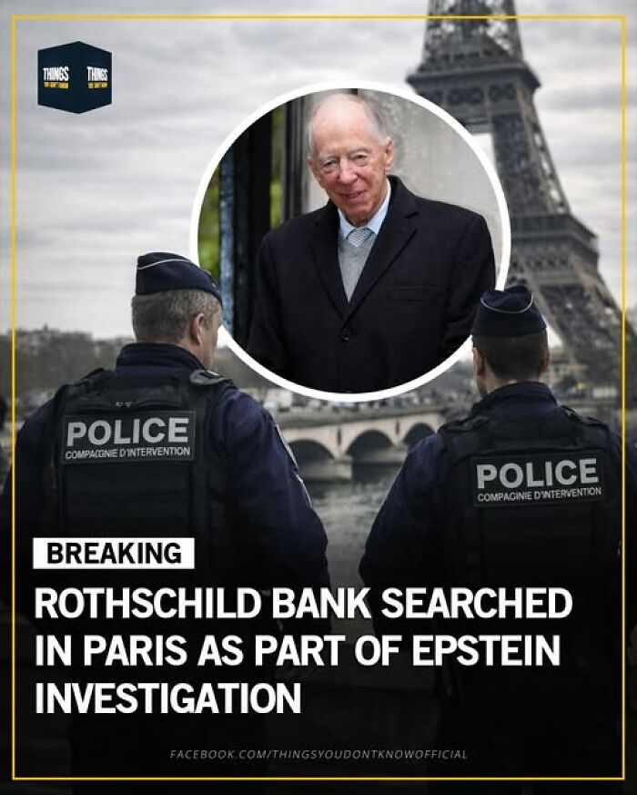 Police officers near Eiffel Tower with headline about Rothschild bank search in Paris related to Epstein investigation, showing world events.
