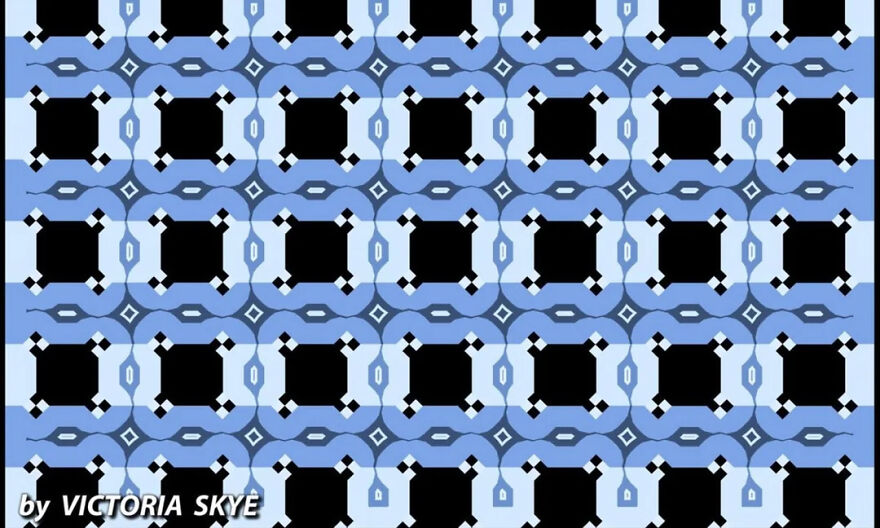 Brain-bending optical illusion by Victoria Skye. A grid of black squares and blue geometric patterns that seem to shimmer and move.