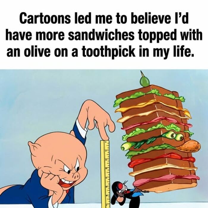Cartoon character measuring an oversized sandwich with an olive on a toothpick, featured in popular food memes.
