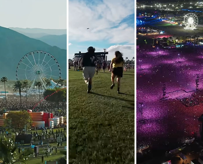 Aerial and ground views of Coachella 2026 festival with crowds, stage, ferris wheel, and attendees enjoying the event.
