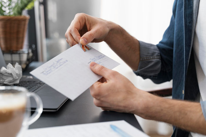Person carefully places a stamp on a letter, symbolizing an upcoming act of revenge against toxic bosses.