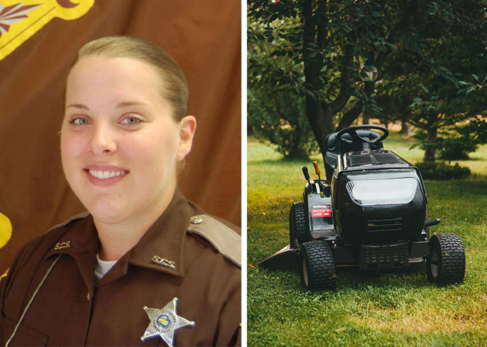 Split image shows a smiling woman in uniform and a riding lawnmower in a yard, depicting freak accidents.