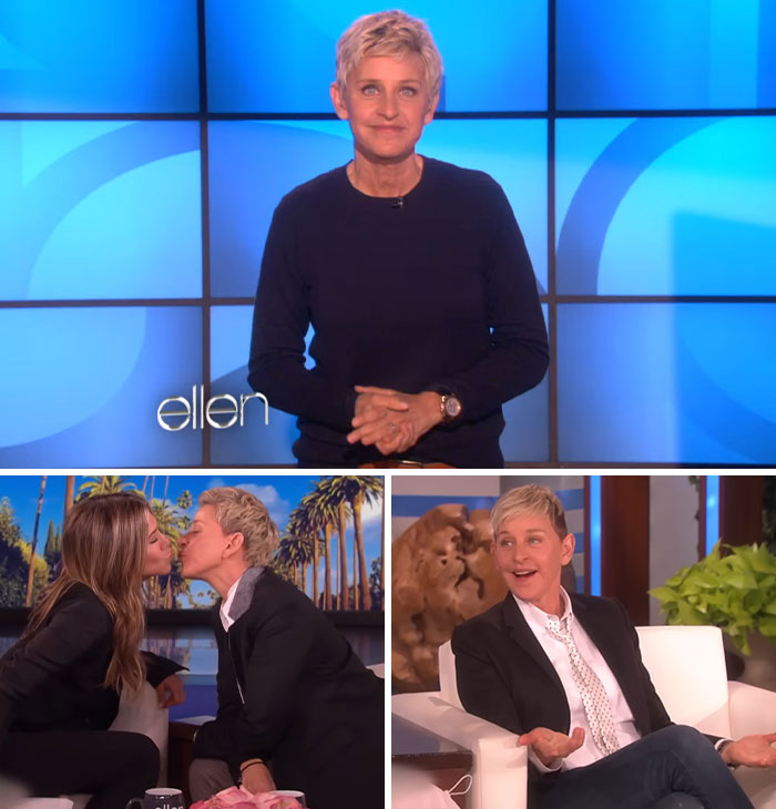 Ellen DeGeneres on her talk show, with clips featuring guests. Many TV shows are canceled over scandalous controversies.