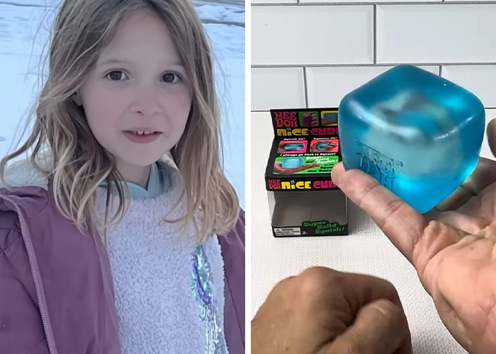 A girl in a winter coat and a hand holding a Nee Doh Nice Cube. This image shows a TikTok challenge.