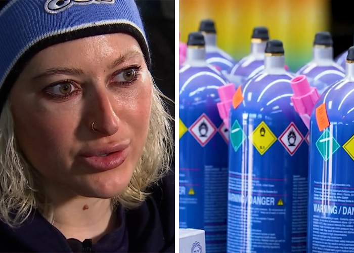 A woman in a blue beanie alongside dangerous gas canisters, highlighting extreme TikTok challenges and risks of fatality.