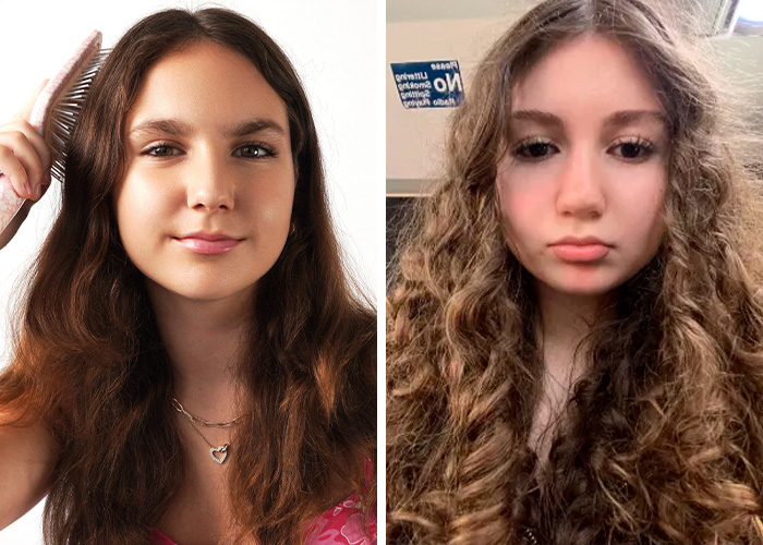 Two girls, one brushing her straight hair, another with curly hair. Dangerous TikTok challenges can end in fatality.