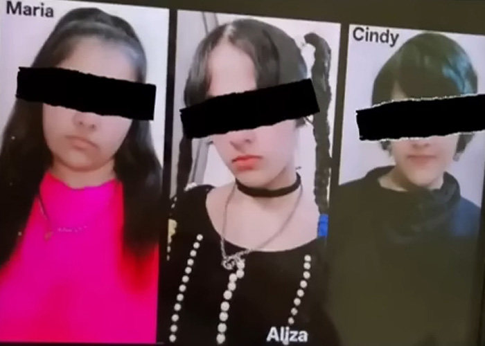 Three young girls, Maria, Aliza, and Cindy, with names visible and eyes redacted, highlighting dangerous TikTok challenges.