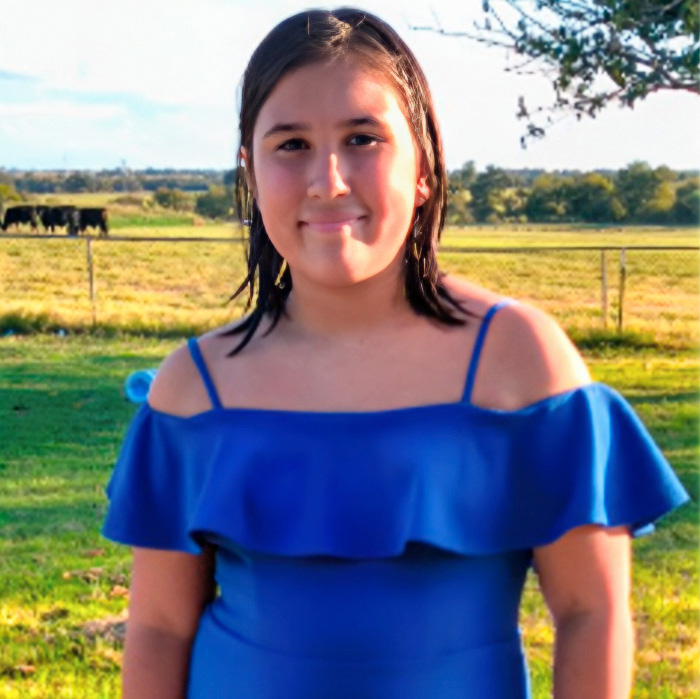 Young girl in a blue dress smiling in a field with cows in the background, representing dangers of TikTok challenges.