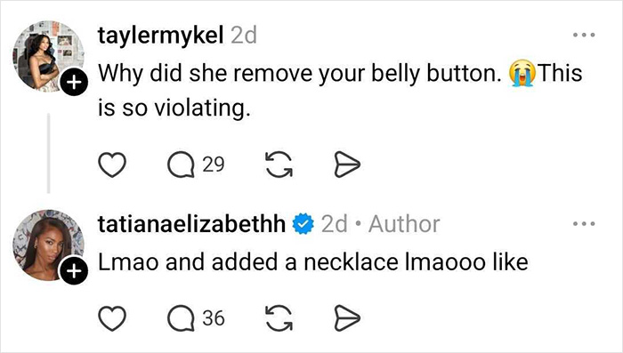 Comments exchange between fans about a glamorous white influencer deleting a post after fans notice edits and something is off.