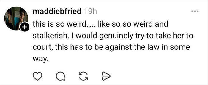 Comment from a follower describing a glamorous white influencer&rsquo;s deleted post as weird and potentially stalkerish.