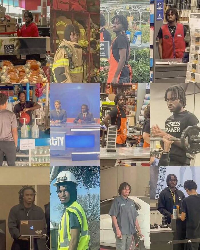 A collage of a man in various roles, including firefighter, retail worker, and fitness trainer. Entertaining posts about pop culture.