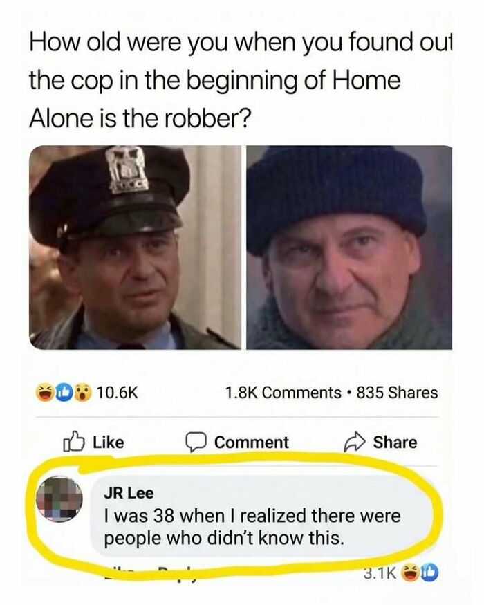 A pop-culture meme featuring a movie still from Home Alone. It asks about the cop being the robber and shows an entertaining comment.