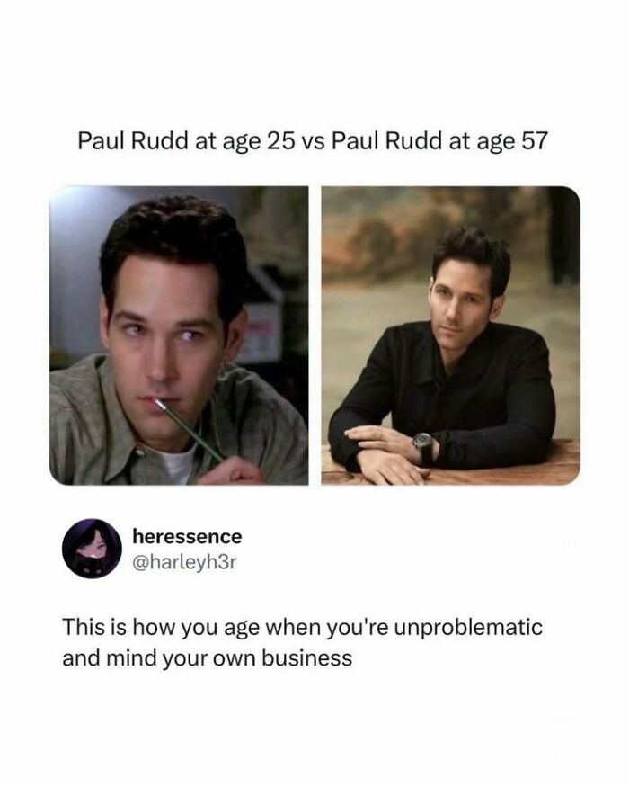 Pop-culture meme of Paul Rudd at age 25 vs 57, showing his youthful appearance, an entertaining post.