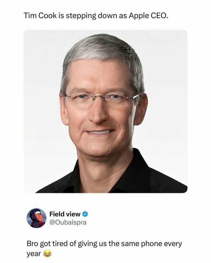 An entertaining post and meme about pop-culture, showing Tim Cook smiling, with text saying he's stepping down as Apple CEO.