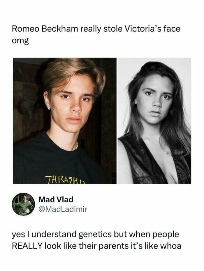 A side-by-side comparison of Romeo Beckham and Victoria Beckham, highlighting their striking resemblance, a popular culture meme.