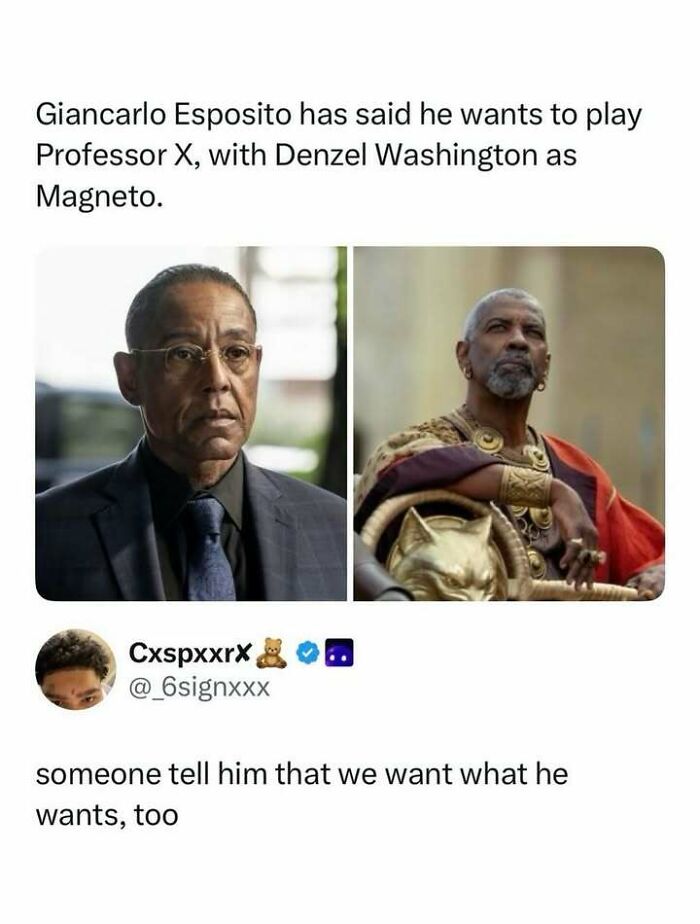 Giancarlo Esposito and Denzel Washington in a pop-culture meme suggesting their casting in X-Men. Entertaining posts for fans.