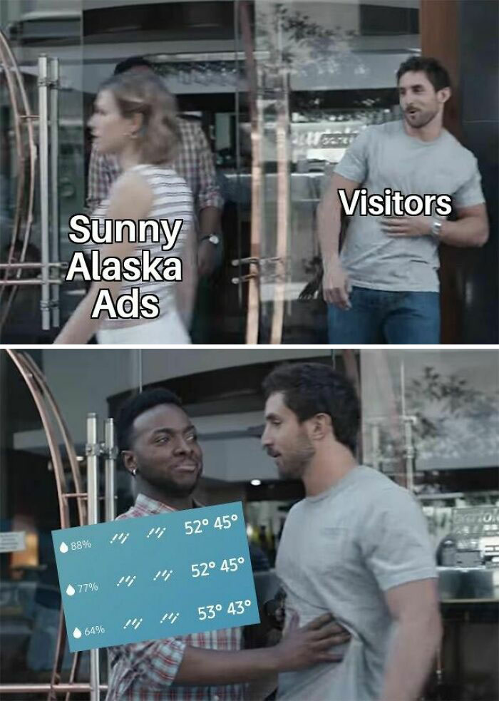 A meme about Living in Alaska. A woman labeled "Sunny Alaska Ads" walks away from a man labeled "Visitors," while another man shows him a weather app with cold temperatures and rain.