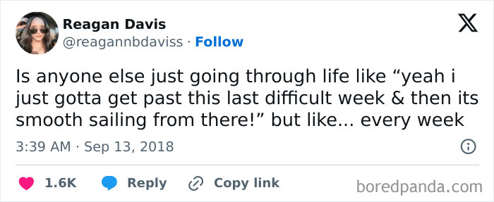 A tweet about struggling to get through difficult weeks, fitting work memes for surviving meetings that should've been emails.