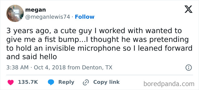 A screenshot of a tweet by megan about an embarrassing moment where she mistook a fist bump for an invisible microphone.