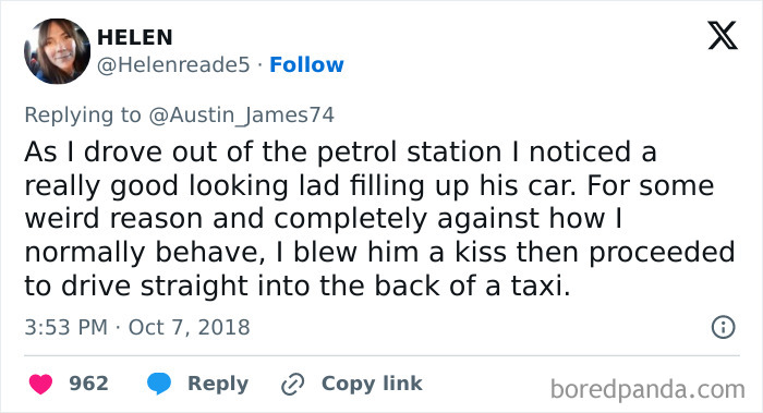 A tweet by Helen recounts an embarrassing moment: blowing a kiss to a lad, then crashing into a taxi.