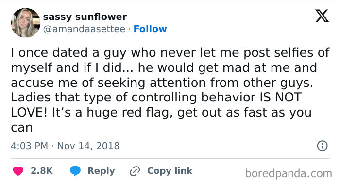 A Twitter post from "sassy sunflower" about a controlling ex, a common relationship red flag that made her end things.