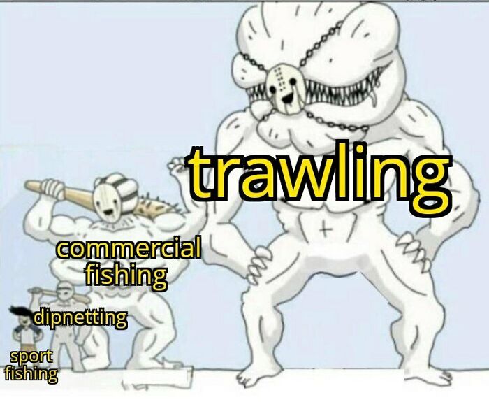 Hilarious memes about fishing in Alaska. The image shows a small sport fisherman, a larger commercial fishing figure, and a giant trawling monster.