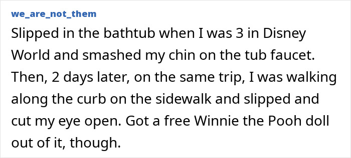 User story about slipping in bathtub and on sidewalk leading to painful stupid injuries shared online.