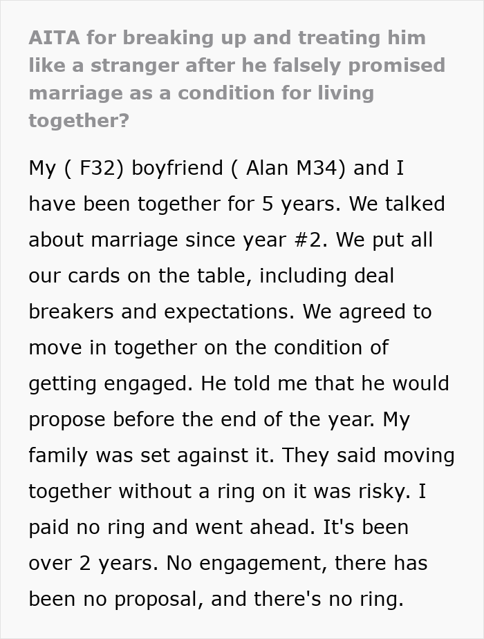 Guy Promises Engagement To Get GF To Move In, Spends Two Years Dodging The Topic Until She's Done