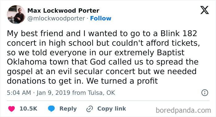 Tweet about attending a Blink 182 concert by claiming to spread gospel at an evil but harmless event.
