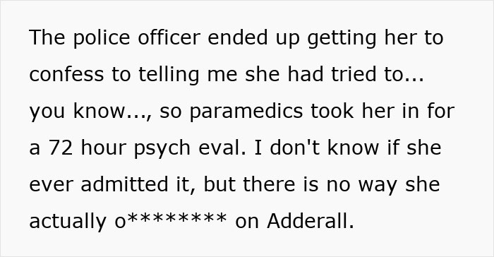 Text from a woman sharing a crazy story about her mom involving a police confession and psychiatric evaluation.
