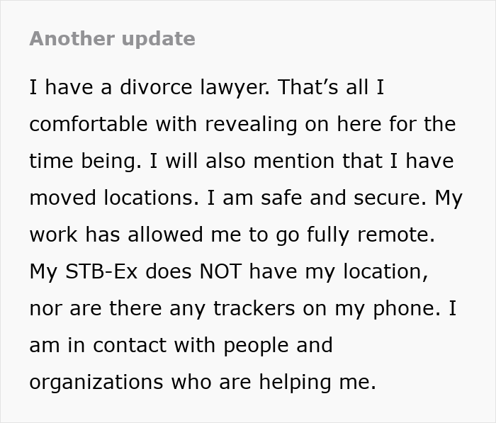 Text update about a man dealing with divorce, security, and support after conflict over wife not liking mustard.
