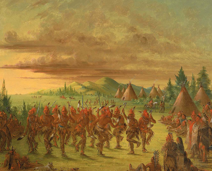 Indigenous people performing traditional dance near teepees, a scene reflecting massive betrayals in human history.