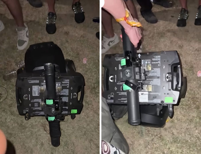 Crowd surrounding fallen stage equipment on grass during Coachella 2026, capturing moments that made fans laugh and cringe.