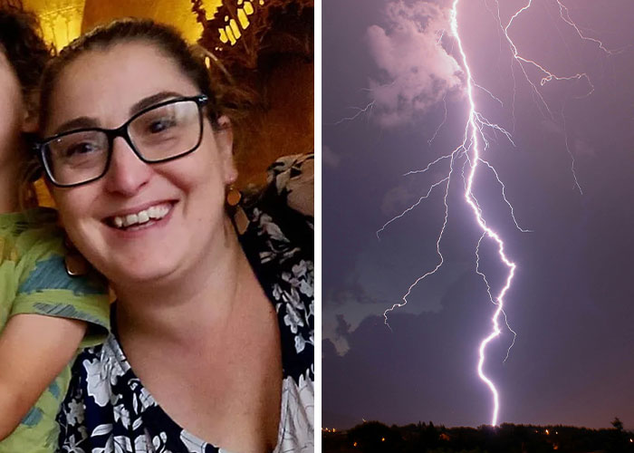 A smiling woman in glasses and a split image of lightning, suggesting a freak accident.