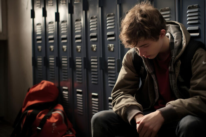 Teen boy sitting alone by school lockers looking upset, illustrating how life dealt with horrible bullies stories.